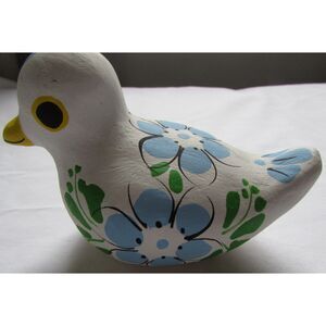 Mexican pottery hand painted bird duck blue flowers white